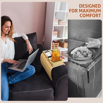 Magnetic Bamboo Couch arm tray - 3 in 1 Detachable Bamboo Sofa Arm Tray Table with Cup Holder - Foldable Non Slip Couch Armrest Table For Remote, Cell-Phone & Drinks, Snacks – Space-Saving,17.6"x13.3"