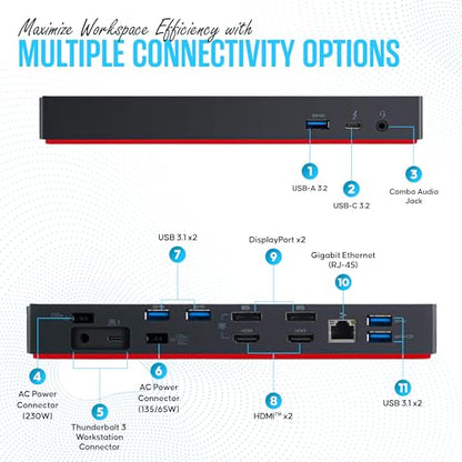 Lenovo 40AN0135US Thunderbolt 3 Dock Gen 2 - Thinkpad Docking Station | Thunderbolt 3/USB-C Ports, Dual 4K 2×HDMI & 2×DP, 135W Power Delivery, 4×USB 3.1 Gen2, RJ45 Ethernet, Audio, Security Lock