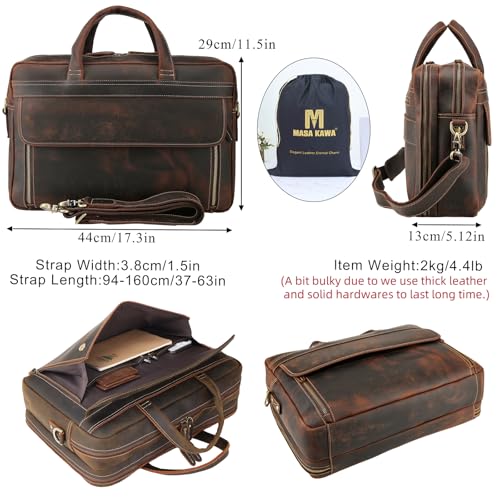 Masa Kawa Leather 15.6" & 17" Laptop Briefcase Men Business Messenger Bag | Full Grain Cowhide Business Travel Office Work Crossbody Shoulder Professional Attache Case for 2 Computers - color: Brown-fits 17" Laptop
