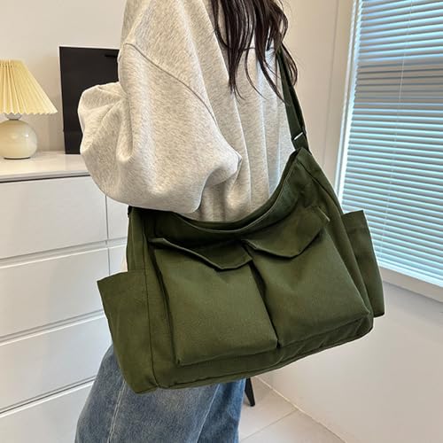 Canvas Messenger Bag Large Crossbody Bag with Multiple Pockets Canvas Shoulder Tote Bag for Women and Men - color: Army Green