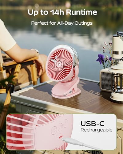 SWEETFULL Portable Misting Clip On Fan, USB-C Rechargeable Mini Personal Cooling Fan with 4 Speeds, 360° Rotatable, Quiet Cooling for Outdoor, Camping, Golf Cart, Travel, Stroller & Desk (Pink) - color: Pink
