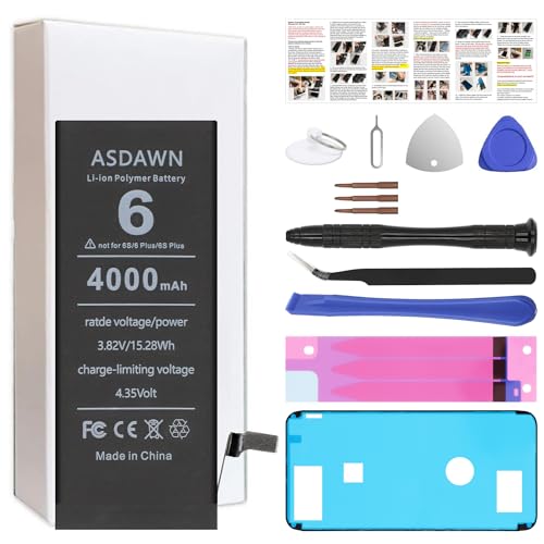 ASDAWN 4000mAh Battery for iPhone 6 (Not for 6s/ 6 Plus/ 6s Plus), Upgraded Higher Capacity iPhone 6 Battery Replacement for A1549 A1586 A1589 A1522 A1524 A1593 with Professional Tools - size: 6, 4000mAh, style: 6
