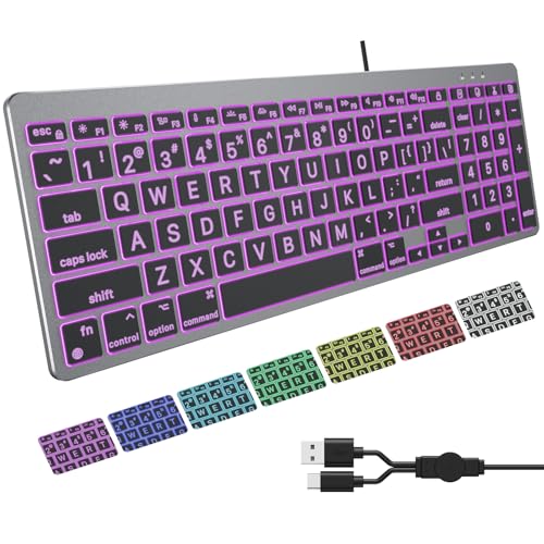 OMOTON Wired Keyboard for Mac, Large Print, 7 Color Backlit, USB-C & USB-A | Plug & Play for any Mac—MacBook/iMac/Mac Mini, Big Letters, Light UP for Late-night, Number Pad & Hotkeys, Ergonomic 6° Tilt