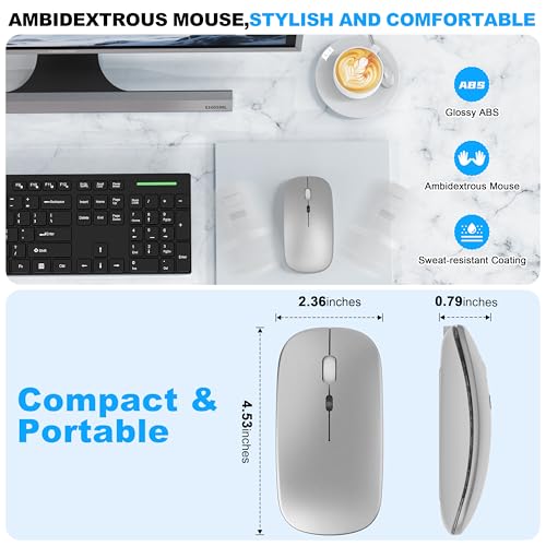 LED Bluetooth Wireless Mouse for MacBook Air Mac Pro Laptop iPad–Silver | Rechargeable Silent Light-Up Optical Mouse with Jiggler Dual Mode BT5.2 & USB-A/USB-C for Students Kids Girls Boys