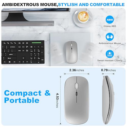 LED Bluetooth Wireless Mouse for MacBook Air Mac Pro Laptop iPad–Silver | Rechargeable Silent Light-Up Optical Mouse with Jiggler Dual Mode BT5.2 & USB-A/USB-C for Students Kids Girls Boys