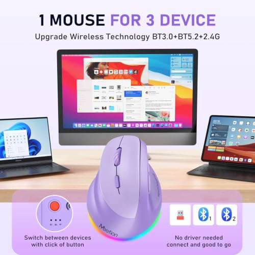 MEETION Left-Handed Wireless Ergonomic Vertical Mouse, Rechargeable -Purple | Dual Bluetooth 5.2/3.0 + USB, RGB lighting, 4 adjustable DPI, compatible with Windows, Mac, PC, iPad and tablets - color: Left Purple