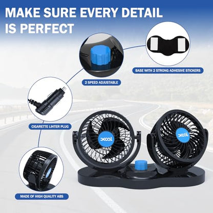 XOOL Car Fan 12V Portable Auto Cooling Fan with Cigarette Lighter Plug, 360° Rotatable High Power Vehicle Fan for Truck SUV RV - size: Cigarette Dual Fan - Front (Enhanced)