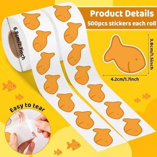 Goldfish Cracker Sticker Roll - 1000 Pcs & 2 Roll Cute Fish Cookie Waterproof Vinyl Reusable Laptop Stickers for Coloring Book Scrapbook Water Bottle Page Activity Pad Birthday Party Favors - style: Goldfish