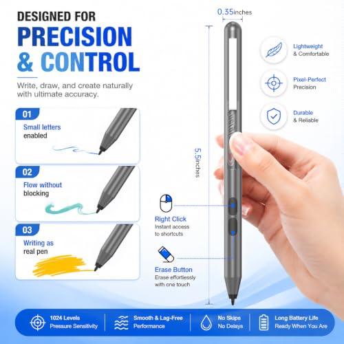 Active Pen for HP Omnibook Envy x360 Spectre Pavilion, Palm Rejection | 1024 Pressure Levels, 300-Day Battery, Dual Side Button, No Bluetooth, MPP 1.51 for Drawing & Note-taking - color: Gray
