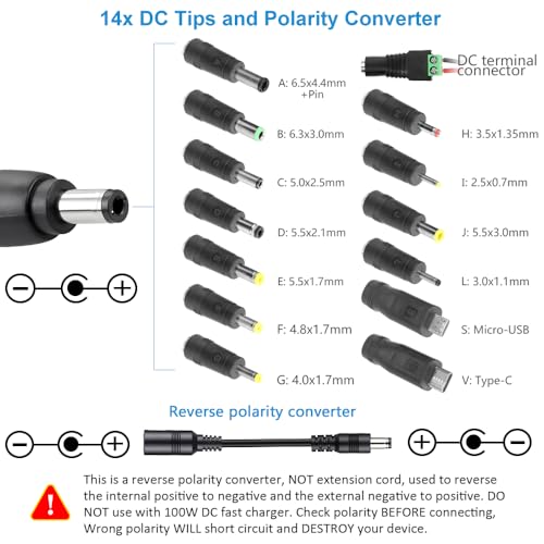 SHNITPWR Adjustable Universal Power Supply DC 4V~24V 3A 5A 6A 144W AC/DC Adapter with USB C Charger PD 100W 100V-240V AC to DC Converter Variable Power Adapter 24V,14 Tips,Alligator Clip Power Cable - size: 3.5V-24V 144W(Pro)
