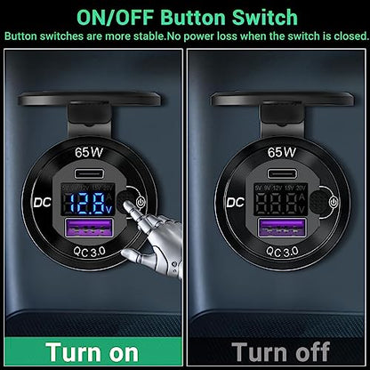 83W 12 Volt USB Outlet Built-in Boost USB C Laptop Car Charger: Ouffun 65W PD3.0 and 18W QC3.0 Car USB Port Aluminum Socket with Button Switch Smart Voltmeter, Suitable for Car RV Marine Golf Cart