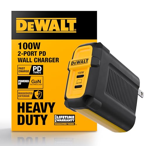 DEWALT Heavy Duty 100W USB C Charger Block(GaN), 2 Port 100 Watt Fast Compact Wall Charger for MacBook Pro, MacBook Air, Google Pixelbook, ThinkPad, Dell XPS, iPad Pro, Galaxy S22/S20, iPhone 16/15/14