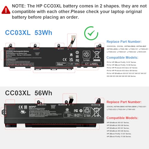 CC03XL HSTNN-DB9Q Laptop Battery Replacement for HP Probook 635 ZBook Firefly 14 G7 G8 Aero Series EliteBook 830 835 840 845 G7 G8, L77608-2C1 L77608-421 L78555-005 CC03053XL-PL 11.55V-53Wh - size: 10.47*2.09*0.28inch