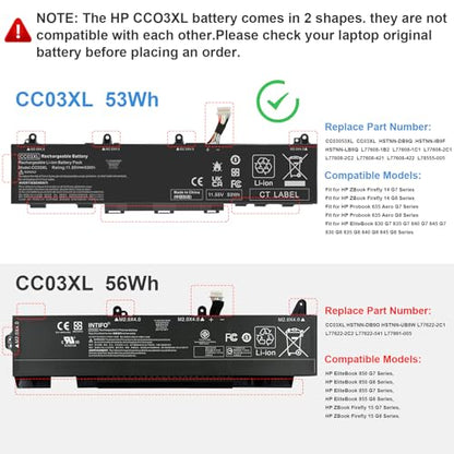 CC03XL HSTNN-DB9Q Laptop Battery Replacement for HP Probook 635 ZBook Firefly 14 G7 G8 Aero Series EliteBook 830 835 840 845 G7 G8, L77608-2C1 L77608-421 L78555-005 CC03053XL-PL 11.55V-53Wh - size: 10.47*2.09*0.28inch