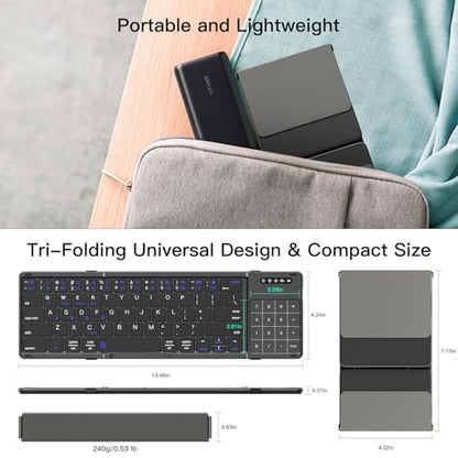 Foldable Bluetooth Keyboard with Touchpad Numpad Multi-Device Rechargeable | 2-in-1 Folding Keyboard with Trackpad & Number Pad Portable Travel Keyboard for iPad,Laptop,PC Windows,iOS,Android,MacOS
