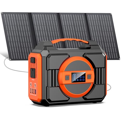 Portable Solar Generator, 300W Portable Power Station with 40W Solar Panel | 220Wh Lithium Battery Power Pack with Pure Sine Wave AC Outlet, Solar Powered Generator for Outdoor Camping RV Van Travel - color: Black