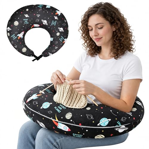 Ergonomic U-Shaped Gaming & Lap Pillow for Crocheting - Cute Rockets & Planets Crochet Pillow with Elbow & Arm Support, Lap Desk Pillows for Reading, Playing or Crocheting, Suitable for Adults - color: Rockets & Planets