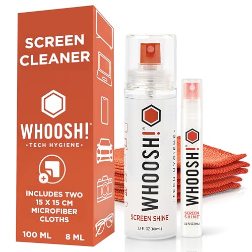 WHOOSH Screen Cleaner and Wipe Kit Duo, 3.7 fl oz + 0.3 fl oz | Large and Travel Size Bottles, Non Toxic and Odorless, For iPad, MacBook and Car Screens, 2 Microfiber Cloths - size: 3.7 Fl Oz (Pack of 1)