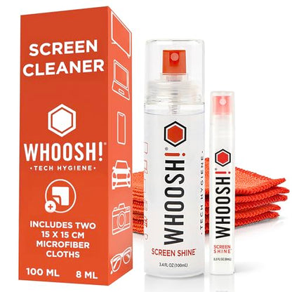 WHOOSH Screen Cleaner and Wipe Kit Duo, 3.7 fl oz + 0.3 fl oz | Large and Travel Size Bottles, Non Toxic and Odorless, For iPad, MacBook and Car Screens, 2 Microfiber Cloths - size: 3.7 Fl Oz (Pack of 1)