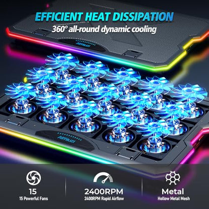 AIMIUZI Gaming Laptop Cooling Pad, Laptop Cooler with 15 Quiet Fans for 12-17.3 Inch Notebook, Slim Portable Laptop Cooling Stand with 7 Height Adjustable, 2 USB Ports, Phone Stand