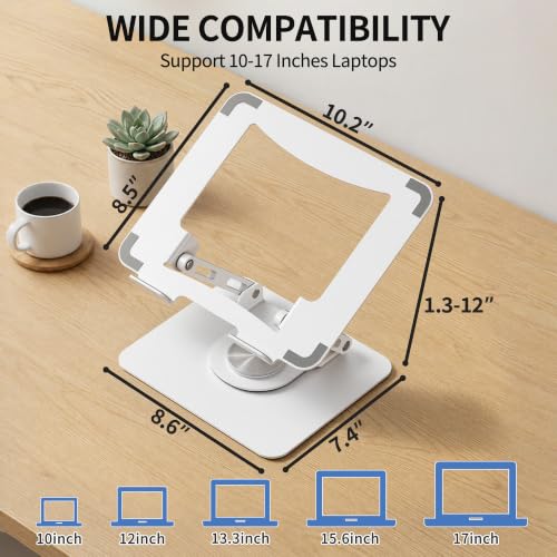 SOUNDANCE 360 Rotating Laptop Stand, Ergonomic Computer Riser for Desk, Adjustable Height Multi-Angle Metal Holder, Foldable Portable Notebook Elevating Base for Office & Home, White - color: White