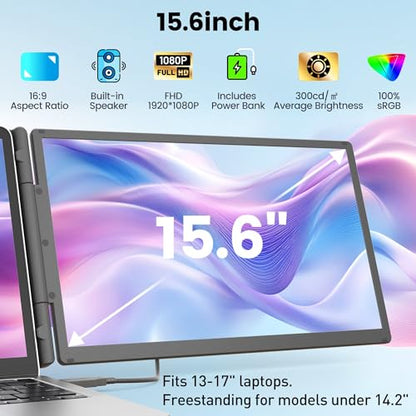 KEFEYA 15.6" Laptop Screen Extender, Includes Power Bank, FHD 1080P IPS Triple Laptop Monitor Extender for 13-17" Laptops, Plug & Play with HDMI/USB-A/TYPE-C/Hub, Compatible with Windows, Mac, Android