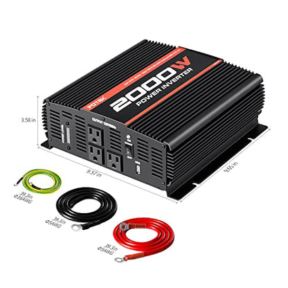 POTEK 2000W Power Inverter 3 AC Outlets 12V DC to 110V AC Car Inverter with 2A USB Port Black - size: 2000W-MSW