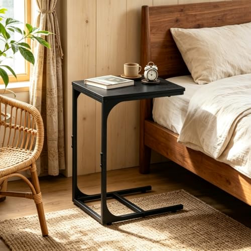 WLIVE C Shaped End Table, Small Couch Side Tables with Metal Frame, Sofa Table TV Tray for Living Room, Bedroom, Relief Black - color: Relief Black