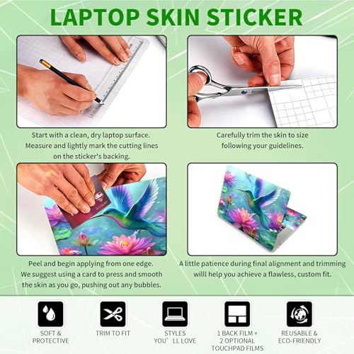 Laptop Skin Sticker Decal, Universal Protective Cover Fit 12 13 14 15.6 Inch Notebook, Reusable Water-Resistant Vinyl Decal w/ 2 Wrist Pads for Business Travel Office, Lotus Leaf Hummingbird - color: Lotus Leaf Hummingbird
