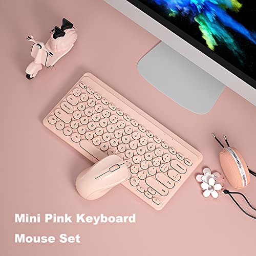 Compact Keyboard MouseCombo,JieruiDeng 79-Key Retro Mini Cute Computer Keyboard 2.4G USB Wireless and Silent Mice Set for Laptop Desktop PC iPad (Pink) - color: Pink