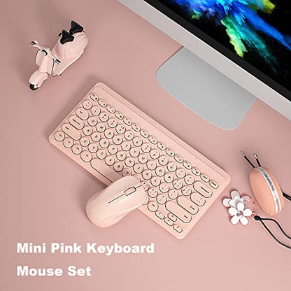 Compact Keyboard MouseCombo,JieruiDeng 79-Key Retro Mini Cute Computer Keyboard 2.4G USB Wireless and Silent Mice Set for Laptop Desktop PC iPad (Pink) - color: Pink