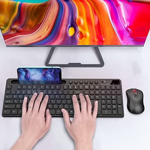 Wireless Keyboard and Mouse Combo, MARVO 2.4G Ergonomic Wireless Computer Keyboard with Phone Tablet Holder, Silent Mouse with 6 Button, Compatible with MacBook, Windows (Black) - color: Black