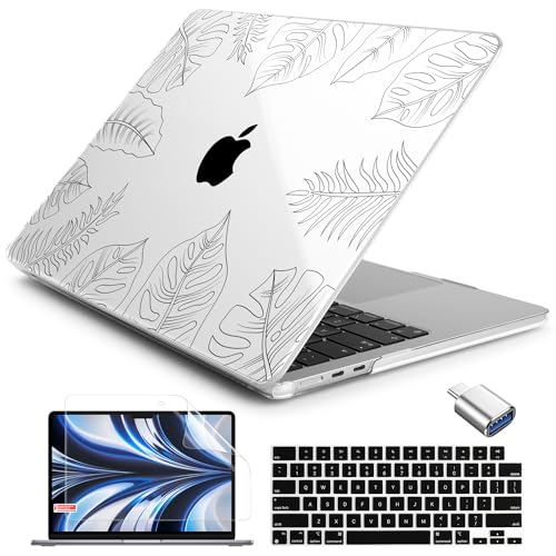 Batianda LumiArt Case for MacBook Air 13.6" M2-M5 Chip, Tropical Line | 4-in-1 set with tropical leaf line art design, ultra slim hard shell protection for minimal, office and nature users - color: Tropical Line Art