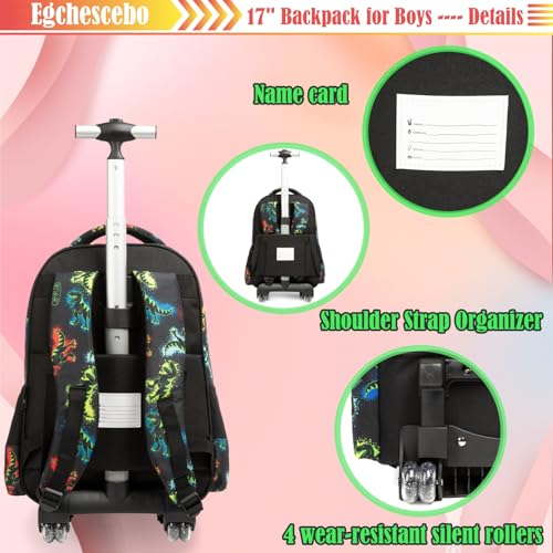 Kids Rolling Dinosaur Backpack for Boys Luggage Suitcase With Wheels Trolley Wheeled POP Roller Backpacks for Elementary Travel School Bags 17" 3PCS Toy Backpack With Lunch Box Green - color: 041123-konglong