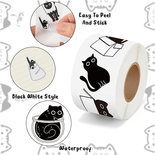 CNhoqc Black Cat Sticker Rolls - 2000Pcs Black White Cute Black Cat Animal Water Bottle Stickers Coloring Book Self Adhesive Waterproof Vinyl Scrapbook Supplies Page Activity Pad Birthday Party Favors - style: Black Cat 4-Rolls