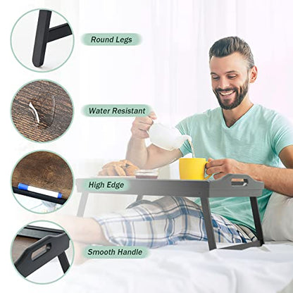2 Pack Bed Tray Table Breakfast Trays Serving Tray Bamboo Bed Laptap Floding Legs with Handles and Phone Holders - style: 2 pack(Dark brown with black legs)