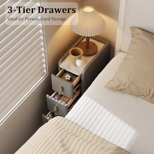 AQIMUELE Narrow Nightstand with Drawers, Narrow Side Table Leather, Small Bedside Tables for Bedroom. (Dark Gray) - color: Dark Gray, size: 7.8"W x 15"D x 22.8"H