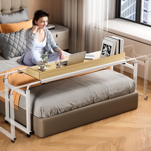 Adjustable Height Overbed Table, Rolling Overbed Bedside Desk with Raised Baffle and Spacious Desktop, Over BedTable with Wheels for Home Office Bedroom Hospital Use (Wooden Color1) - color: Wooden Color1