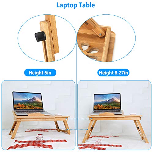 Bamboo Laptop Desk Breakfast Serving Bed Tray Foldable Leg Multi-Position Adjustable Tilt Surface Bed Lap Tray with Side Storage Drawer for Work Study Reading Eating Food