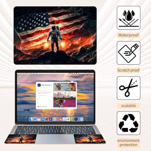 15.6 Inch Laptop Skin Sticker, Reusable Vinyl Cover Protector with 2 Wrist Pad Skins, Removable Waterproof Scratch-Resistant for 12-15.6 Inch Laptop Notebook,American Flag and Astronaut - color: American Flag And Astronaut