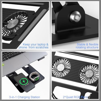 Laptop Stand with 3 in 1 Wireless Charging Station,Laptop Phone Stand with 2 Removable Silent Fans,Adjustable Height and Angle,Sturdy and Portable,Laptop Cooling Pad for 10-15.6 Inch Laptop.