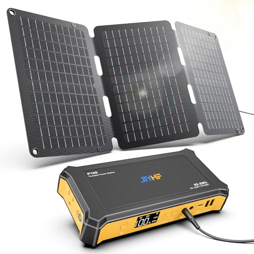JIYHF Portable Power Station 99.9Wh with Foldable Solar Panel 30W, Laptop Charger & Backup Power with 65W USB-C PD, 100W AC Outlet, 12V DC Output, LED Light for Camping, Home Backup, Emergency, RV - style: P100 Orange+30W