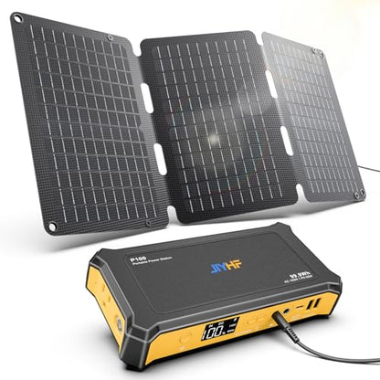 JIYHF Portable Power Station 99.9Wh with Foldable Solar Panel 30W, Laptop Charger & Backup Power with 65W USB-C PD, 100W AC Outlet, 12V DC Output, LED Light for Camping, Home Backup, Emergency, RV - style: P100 Orange+30W