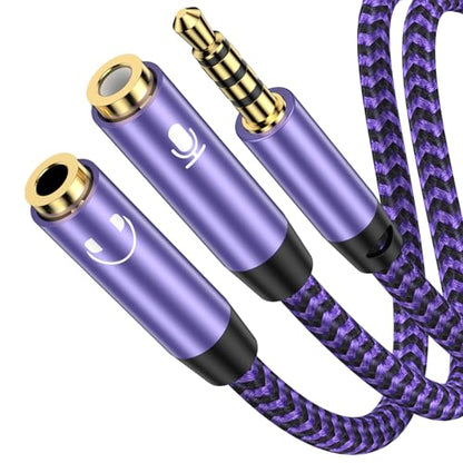 Headphone Splitter Cable 3.5mm Male to 3.5mm Female Headphone & 3.5 mm Microphone Jack Adapter Audio Stereo Y Splitters Adapter HiFi Sound Aux Extension Cable for Earphone Phone PS5 PS4 Switch Tablets - color: purple