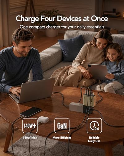 Mfish E-Rhino 140W USB-C Charger, True PD 3.1 GaN Fast Charger, 4-Port (3 USB-C + 1 USB-A) Foldable Plug Power Adapter for MacBook Pro 16”, iPhone 17/16, iPad, Galaxy, Tablet, Laptop, Grey - color: 140W-Grey