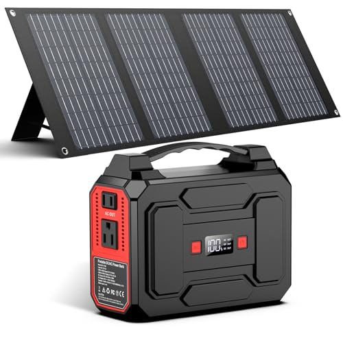 Solar Powered Generator 200W Peak/100W Rated, Portable Generator Power Station with Solar Panels 40W Included, 146Wh Solar Power Bank with AC Outlet 110V for Home Use Camping Outdoor Adventure