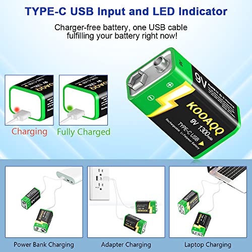 8-Pack Rechargeable 9v Batteries, USB-C Recharge 1300mAh 9 Volt Lithium-ion Long Lasting Power for SmokAlarms, Microphones, Multimeters, Walkie-Talkie, Metal Detector, Toys, with 2 in 1 Charging Cable - size: 8-Pack