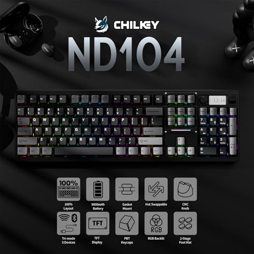 OOCTPK Wireless Mechanical Keyboard, Chilkey ND104 Gaming Keyboard with LCD Screen, 104% Hot Swappable Custom Keyboard with Knob, RGB Backlit, Bluetooth 5.4/2.4GHz/USB-C, Full-Aluminum, PC/Mac Support - color: Lumen Yellow, size: Breeze Switch-PCB 1.2mm F