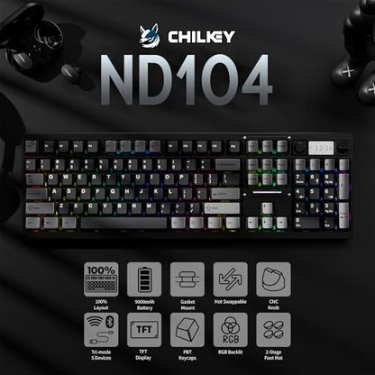 OOCTPK Wireless Mechanical Keyboard, Chilkey ND104 Gaming Keyboard with LCD Screen, 104% Hot Swappable Custom Keyboard with Knob, RGB Backlit, Bluetooth 5.4/2.4GHz/USB-C, Full-Aluminum, PC/Mac Support - color: Soft Pink, size: Silent Linear Switch-PCB 1.6