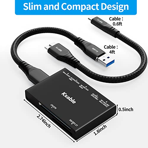 SD Card Reader 7 in 1, Kxable USB 3.0 Memory Card Reader/Writer 5Gbps, for SD/Micro SD/MS/CF/MMC/XD/SDHC/SDXC Camera Memory Card, Reader for Mac OS, Windows, Linux- with 2 USB A/C to Micro 3.0 Cables